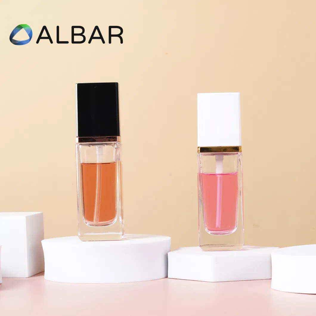 20ml 30ml Clear and Frosted Customize Makeups Foundation Crystal Glass Perfume Cosmetics Bottle with Press Pump or Spray in Rectangular Square Shape Portable