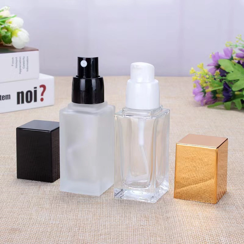 30ml Lotion Cosmetic Packaging Frosted Square Foundation Glass Bottle with PP Pump