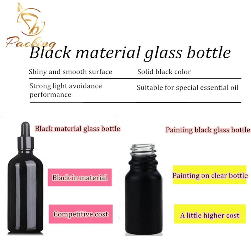 High Light-Proof 5ml 10ml 15ml 20ml 30ml 50ml 100ml Shiny Solid Black Glass Dropper Bottle with Gold Aluminum Cap Dropper for Special Cosmetic Essential Oil