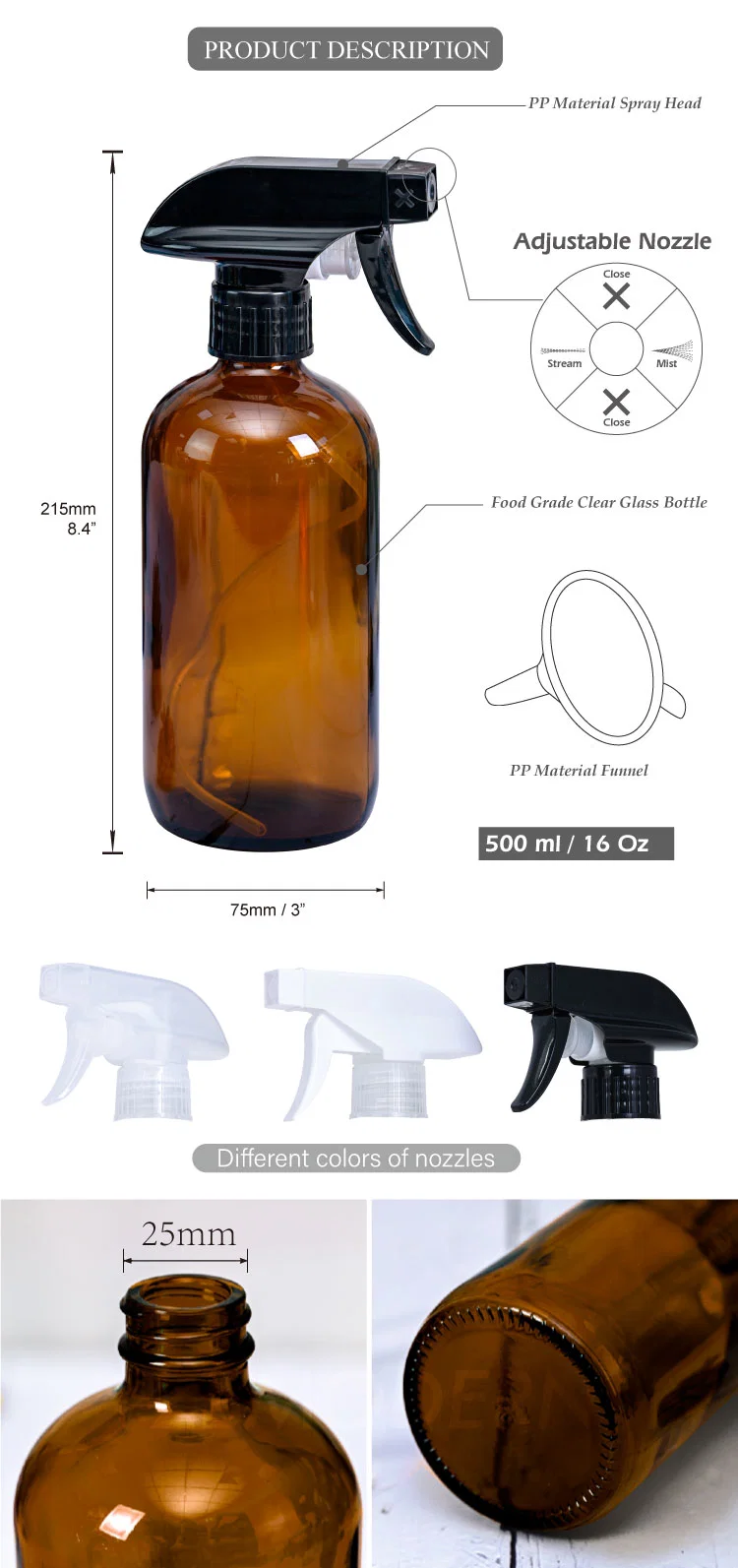 Large 8oz 16oz 250ml 500ml Amber Brown Pharmaceutical Boston Round Trigger Spray Glass Bottles